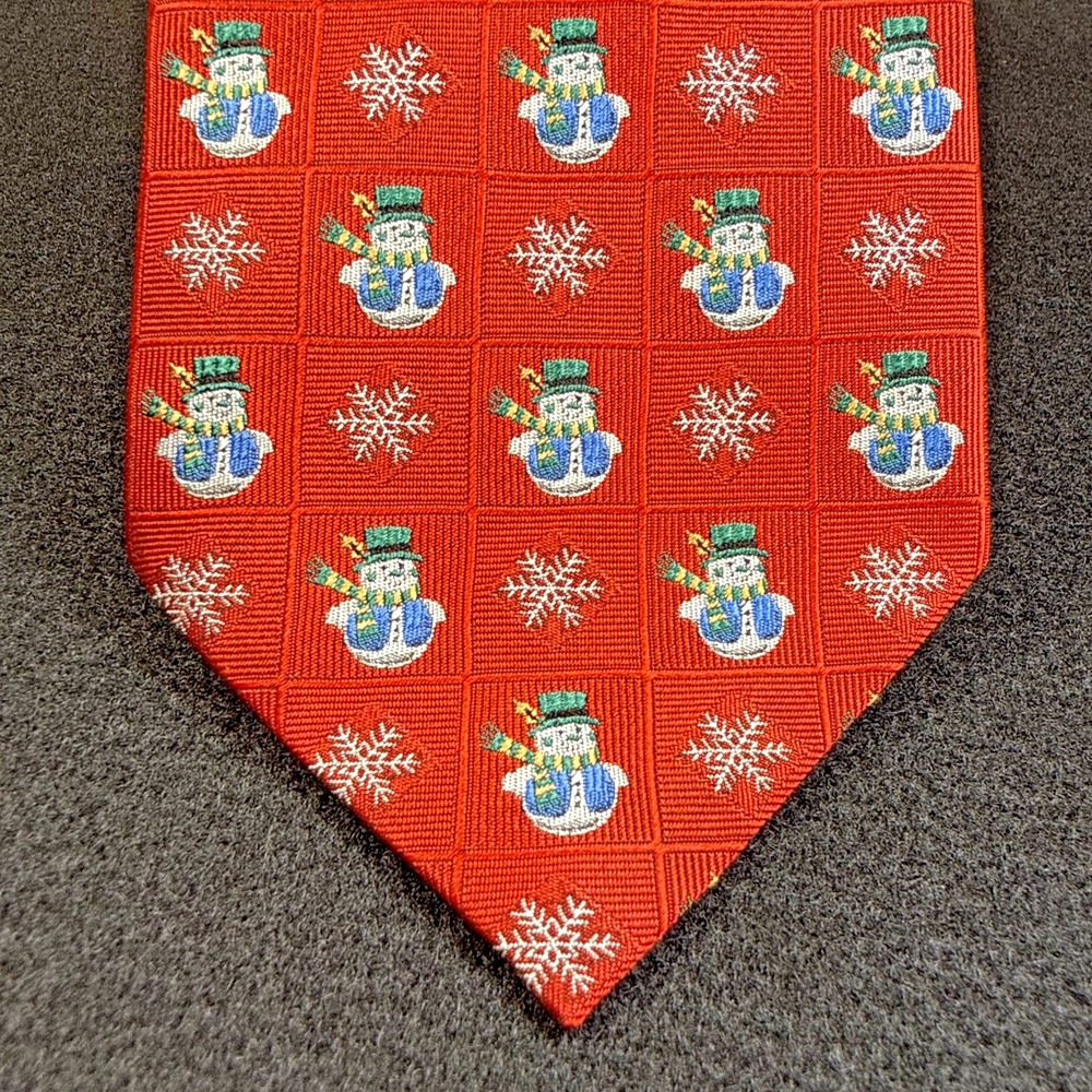 Vintage 90s Silk Christmas Red Neck Tie Hallmark Snowmen & Snowflakes Unisex 58"